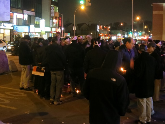 Bangladeshis gather in Jackson Heights, Queens, to protest the February 5 verdict of a war crimes tribunal in Bangladesh.